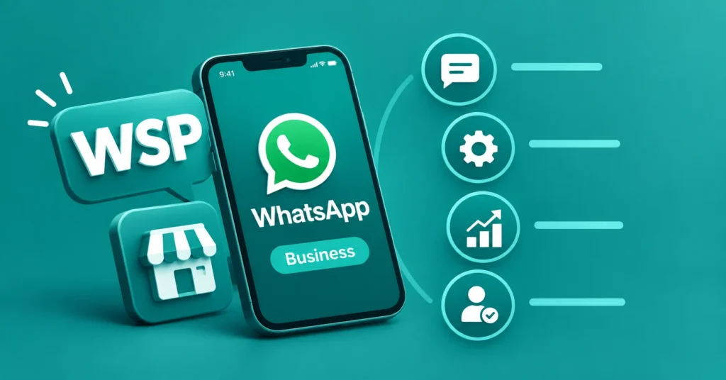 WSP meaning explained with WhatsApp Business smartphone and messaging icons