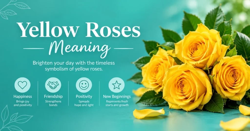 Yellow roses meaning infographic showing happiness, friendship, positivity, and new beginnings with yellow rose bouquet