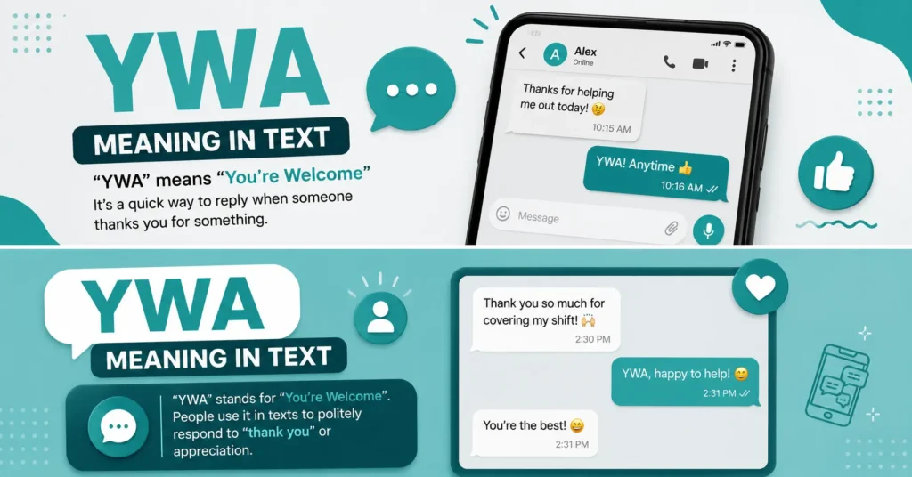 YWA texting abbreviation graphic showing how “You’re Welcome” is used to respond to someone’s thanks.