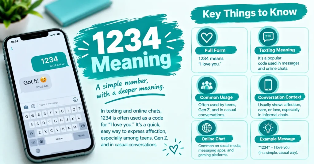 1234 meaning infographic showing a smartphone chat and explaining 1234 as a texting code for “I love you”