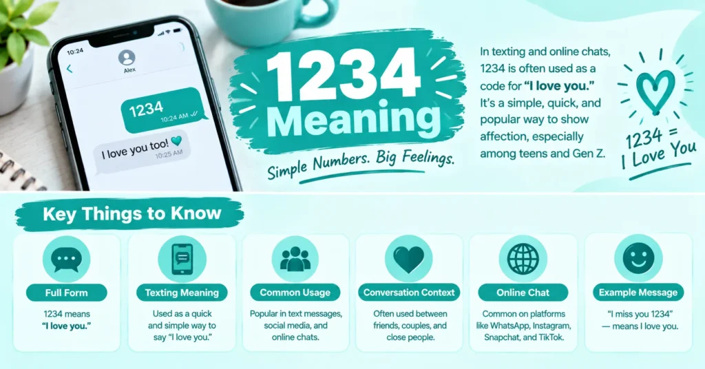 1234 meaning infographic explaining its texting meaning, common usage, online chat context, and example message