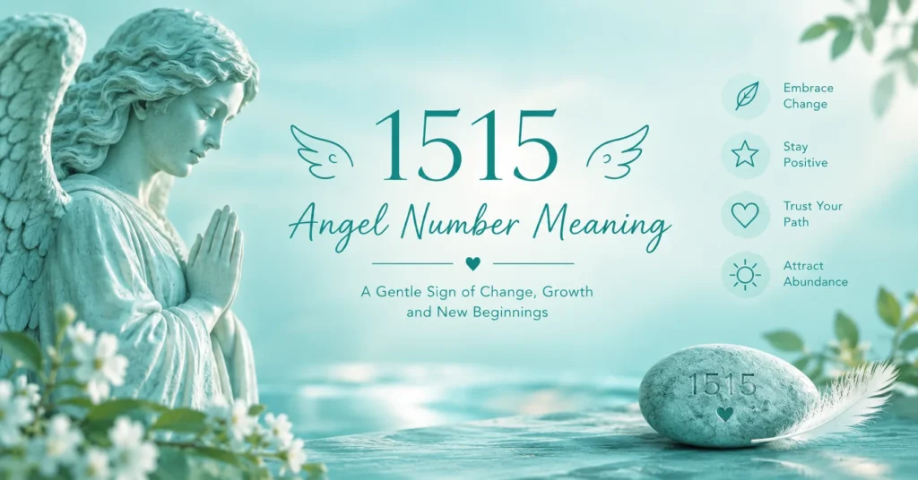 1515 angel number meaning with a praying angel statue, teal stone, white feather, and spiritual symbols representing change, growth, and new beginnings.