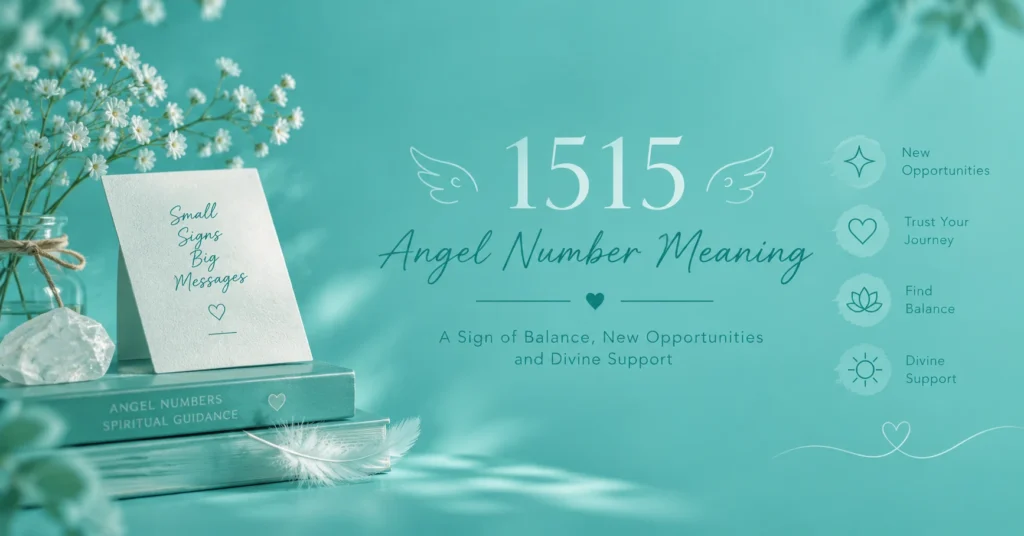 1515 angel number meaning in a teal background with flowers, spiritual guidance books, a crystal, and symbols of balance, new opportunities, and divine support.