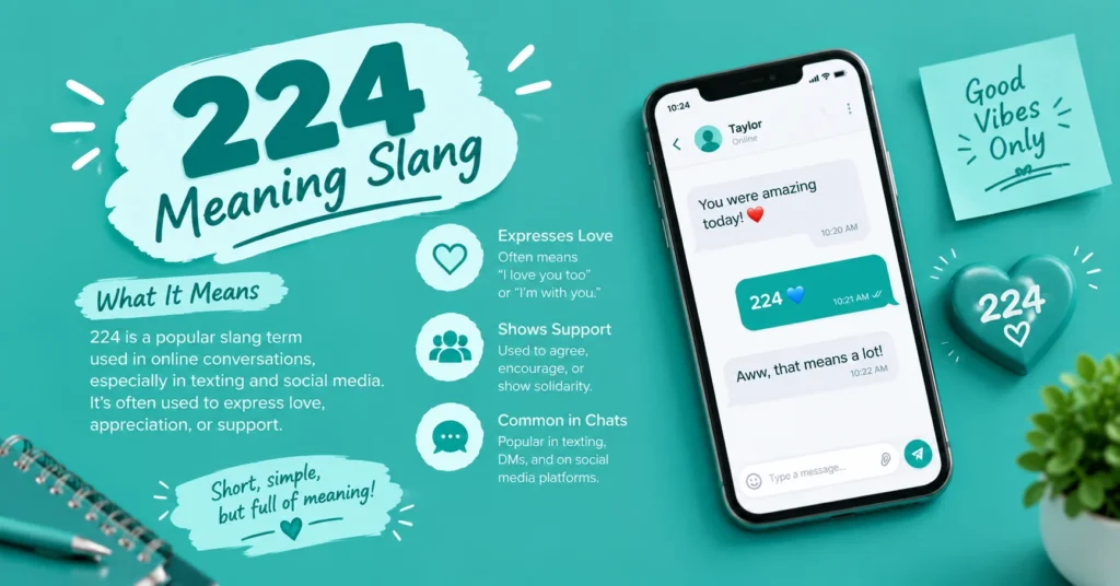 224 meaning slang infographic explaining the number code used in texting and social media to express love, support, or affection.