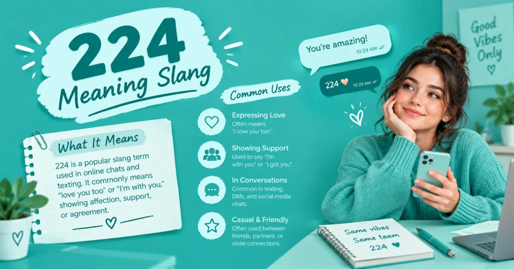224 meaning slang infographic showing common uses in online conversations, including expressing love, friendship, support, and agreement.
