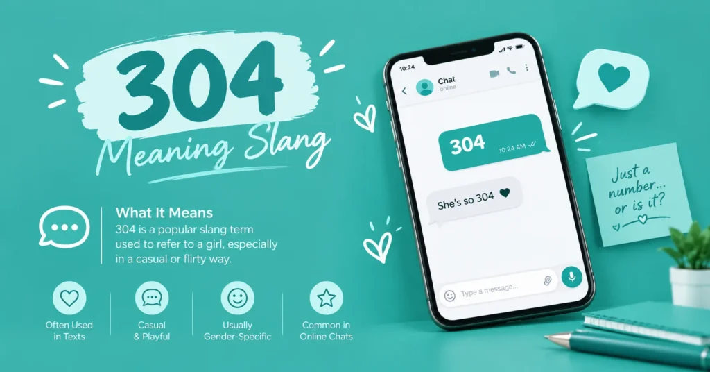 304 meaning slang infographic explaining the term in online chats with a smartphone messaging example and teal background.