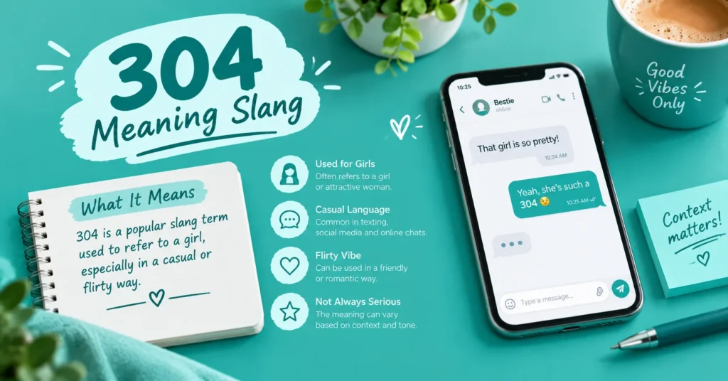 304 meaning slang infographic showing its casual use for a girl or attractive woman, with texting examples and teal desk-themed visuals.