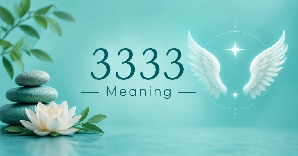 3333 meaning with angel wings and a peaceful teal background in a minimalist spiritual design.