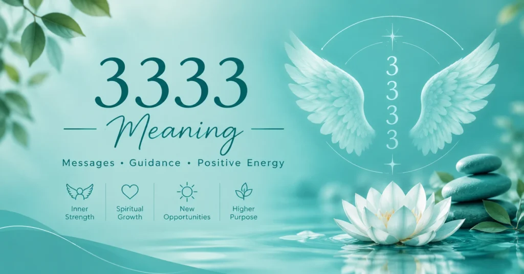 3333 meaning infographic featuring spiritual guidance, positive energy, inner strength, and a white lotus on a teal background.