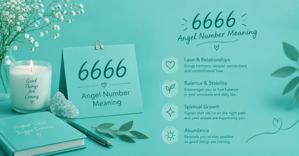 6666 angel number meaning with angel wings, balance, love, and positive change.