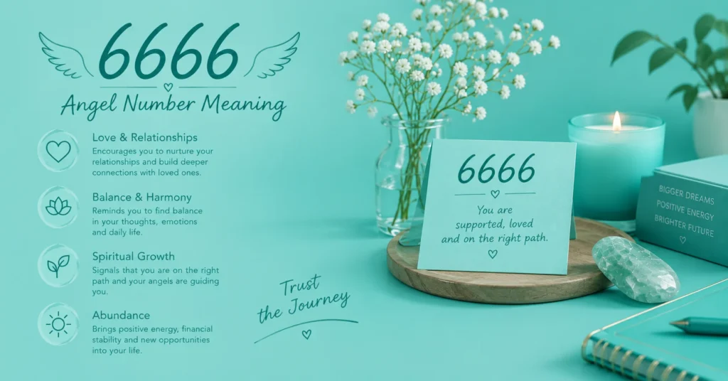 6666 angel number meaning infographic showing love, balance, spiritual growth, and abundance.
