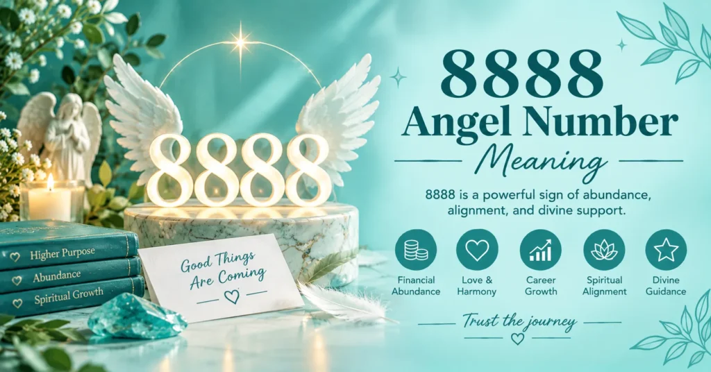 8888 angel number meaning infographic featuring glowing 8888 numbers, angel wings, crystals, candles, feathers, and symbols of abundance, love, career growth, spiritual alignment, and divine guidance in a teal setting.