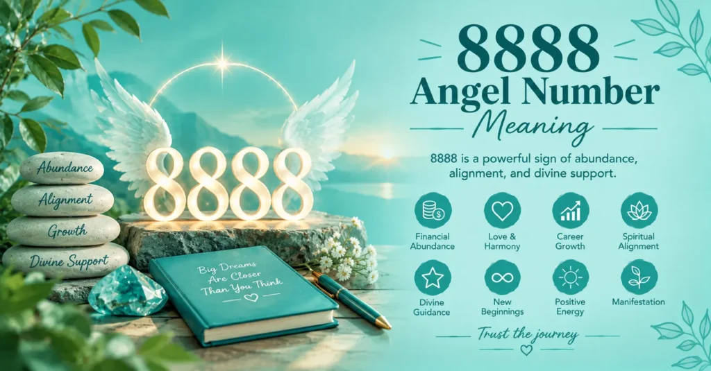8888 angel number meaning illustrated with glowing 8888 figures, angel wings, abundance stones, crystal, journal, flowers, and icons representing abundance, alignment, growth, love, new beginnings, positive energy, and manifestation.