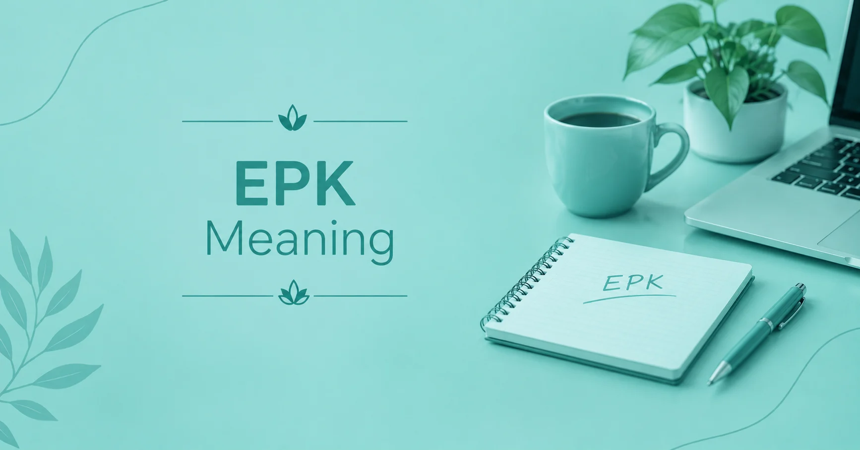 EPK Meaning featured on a notebook beside a laptop, pen, and coffee mug in a teal workspace.