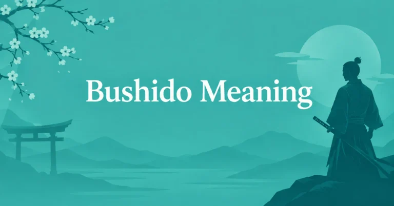 Bushido Meaning illustrated with a samurai, Japanese landscape, and traditional symbolism