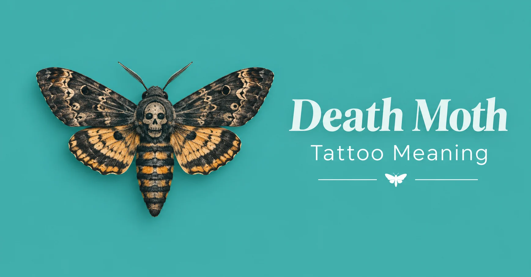 Death moth tattoo featuring a skull pattern on its wings against a teal background.