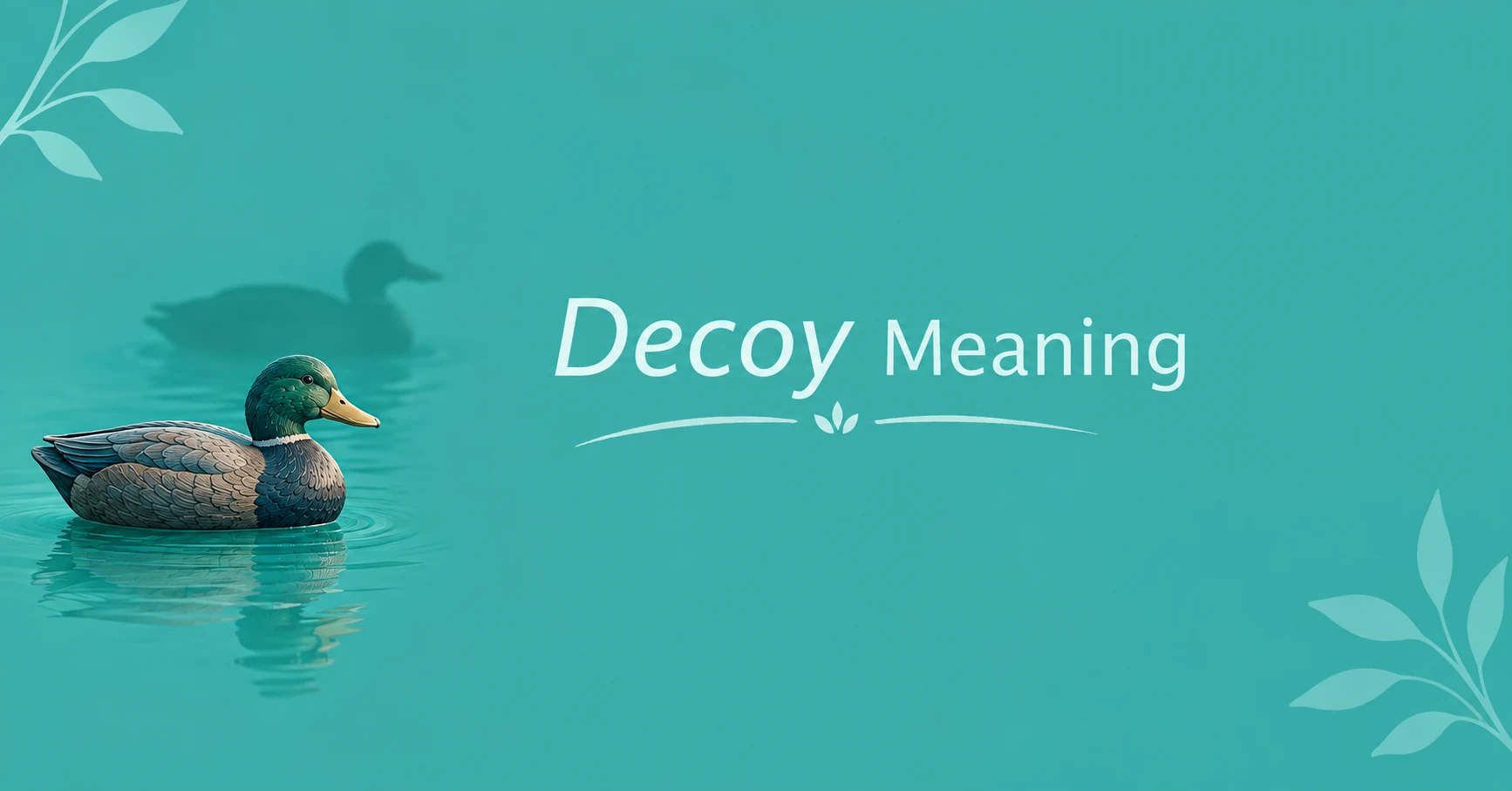 Decoy Meaning illustrated with a duck decoy floating on water against a teal background, explaining the word's definition.