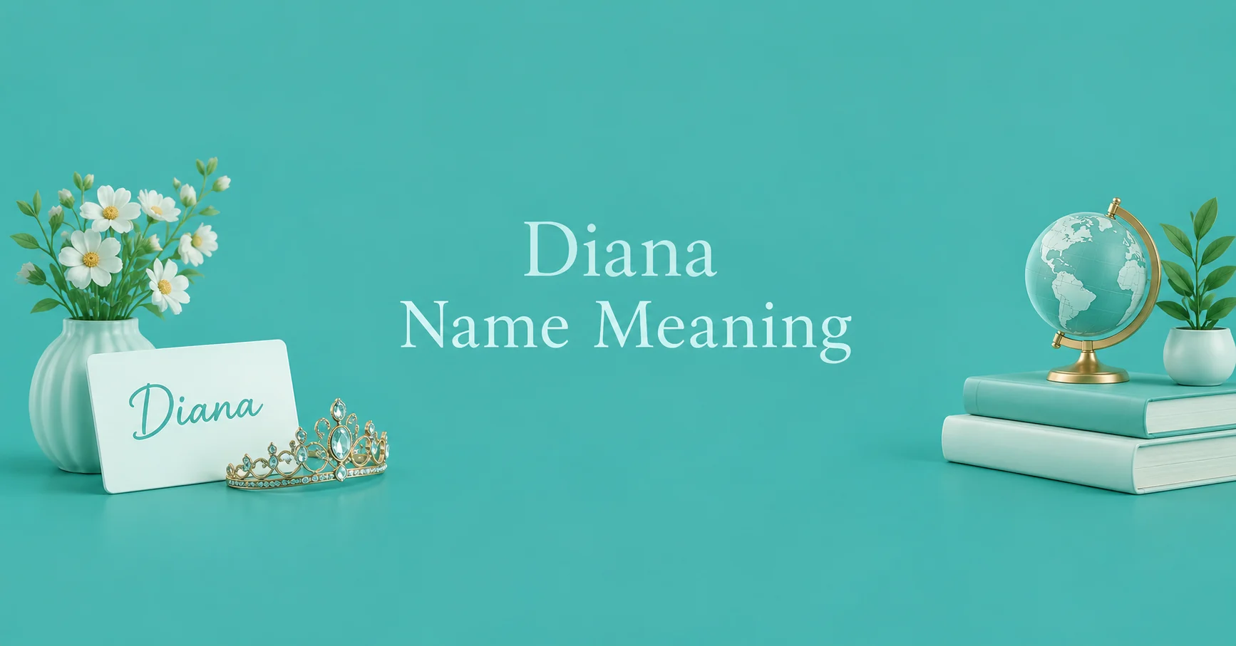 Diana Name Meaning featuring elegant flowers, a royal tiara, books, and a globe on a teal background