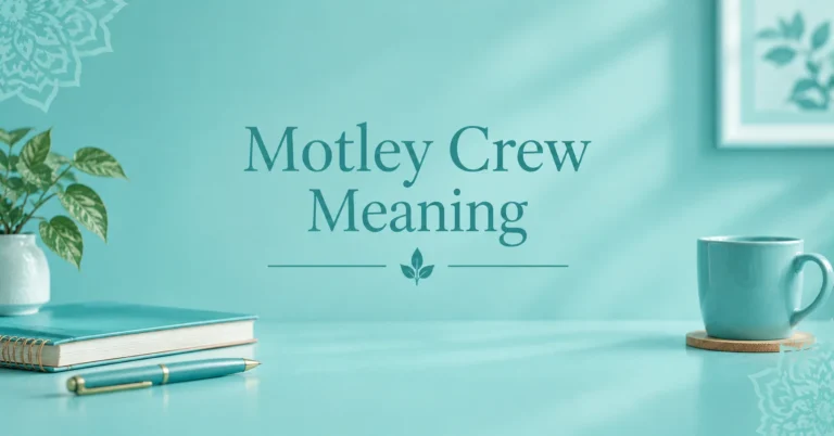 Motley Crew Meaning featured image with an elegant teal background, a potted plant, notebook, pen, and coffee mug.