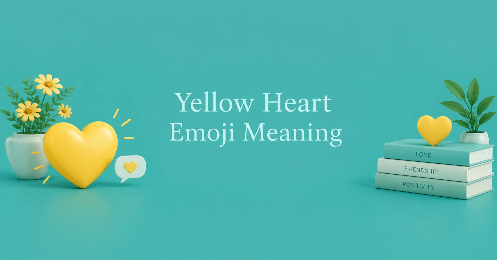 Yellow Heart Emoji Meaning with a yellow heart, flowers, a heart chat bubble, and books on friendship and positivity against a teal background.