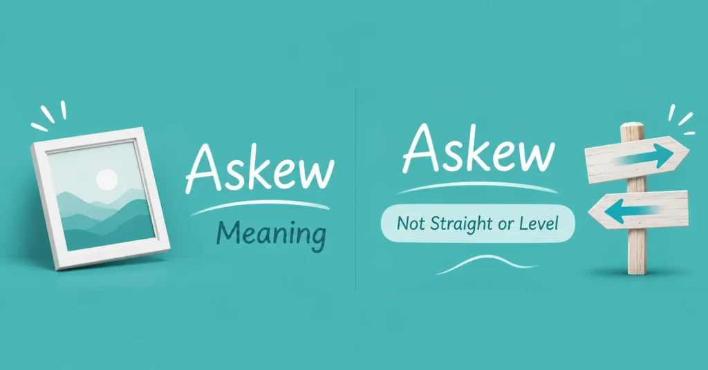 : Askew meaning infographic with a tilted picture frame and directional signpost illustrating “Not Straight or Level”