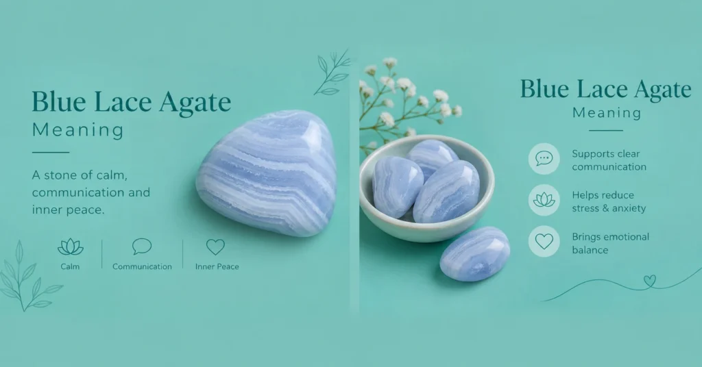 Blue Lace Agate Meaning with a polished blue lace agate gemstone on a soft teal background, representing calmness, clear communication, emotional healing, and inner peace.