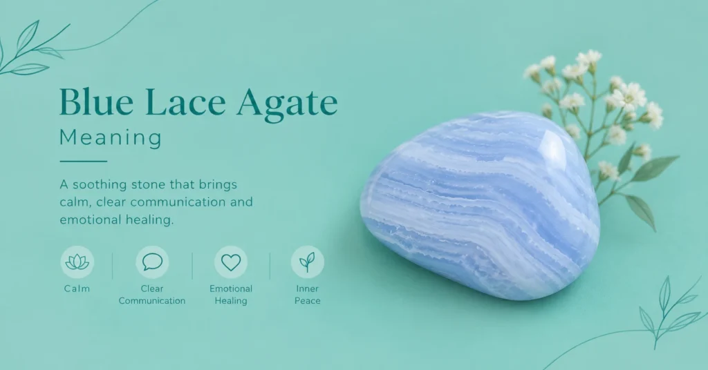 Blue Lace Agate Meaning featuring blue lace agate crystals in a ceramic bowl with delicate white flowers, symbolizing tranquility, emotional balance, stress relief, and peaceful communication on a teal background.