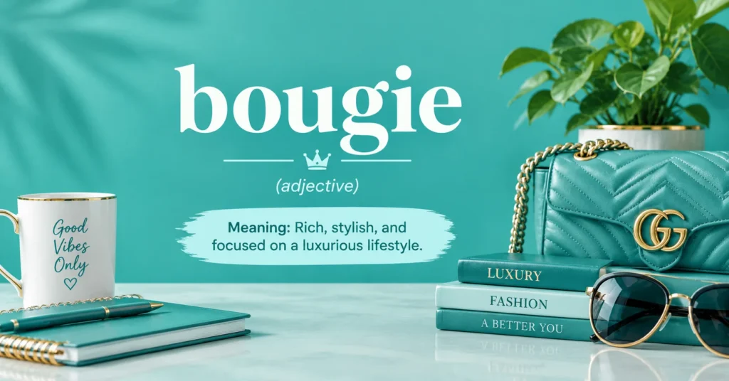 Bougie meaning infographic showing a stylish teal handbag, sunglasses, books, and the definition “rich, stylish, and focused on a luxurious lifestyle.”
