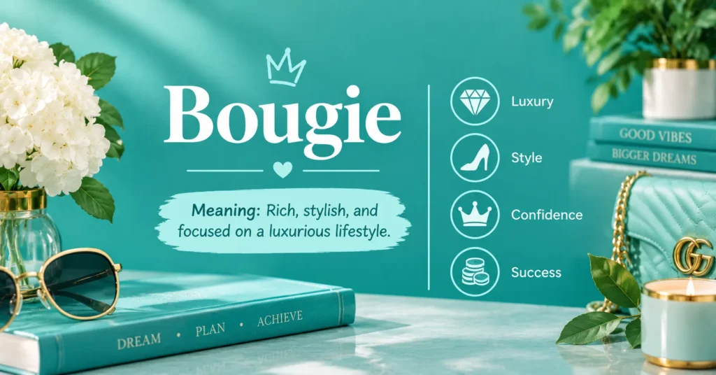 Bougie meaning graphic with luxury fashion elements, flowers, sunglasses, handbag, and icons representing luxury, style, confidence, and success.