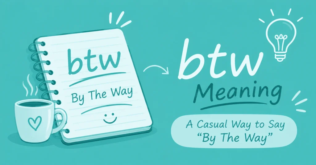 1. BTW meaning illustrated with a notebook showing “By the Way” and casual chat symbols
