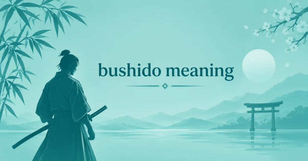 Bushido meaning illustrated with a samurai, Japanese landscape, torii gate, bamboo, and serene mountains.