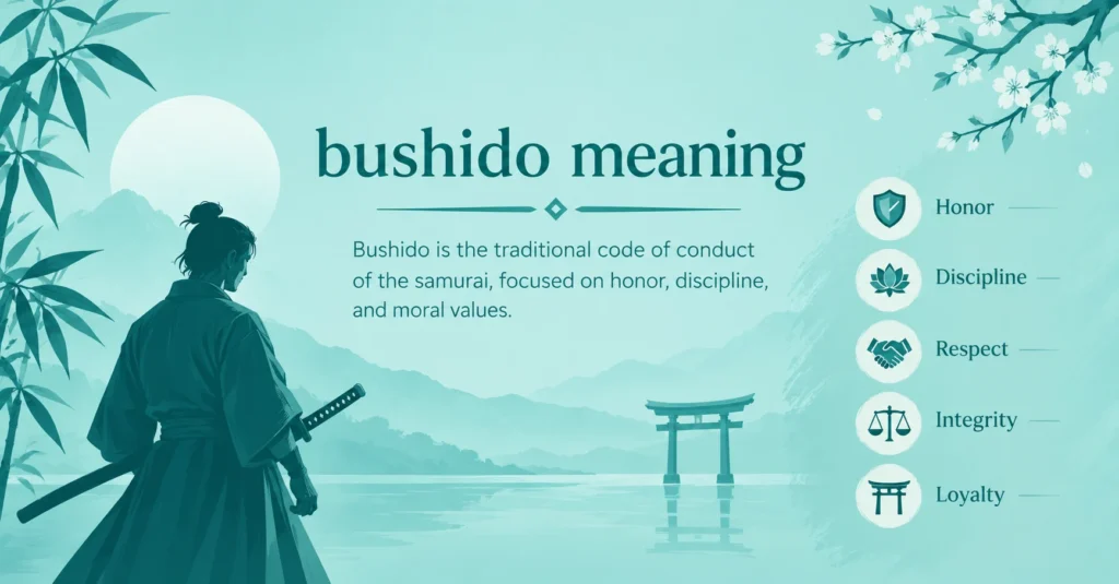 Bushido meaning explained with a samurai illustration and the core values of honor, discipline, respect, integrity, and loyalty.