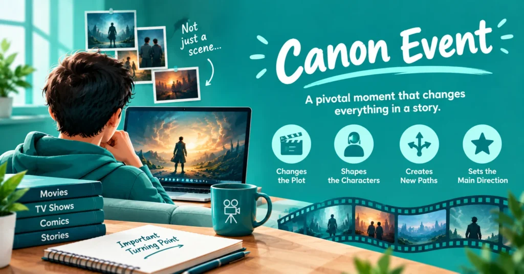 Canon event meaning explained with a cinematic scene, laptop, filmstrip, and icons showing how a pivotal moment changes the plot and shapes characters.