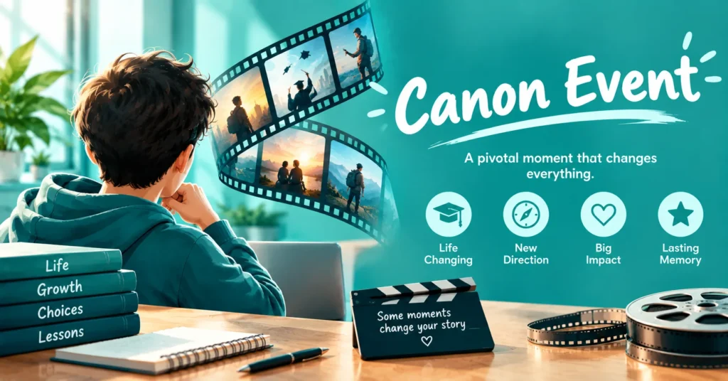 Canon event meaning illustrated with a reflective person, cinematic filmstrip, life-changing moments, and icons representing new direction, big impact, and lasting memories.