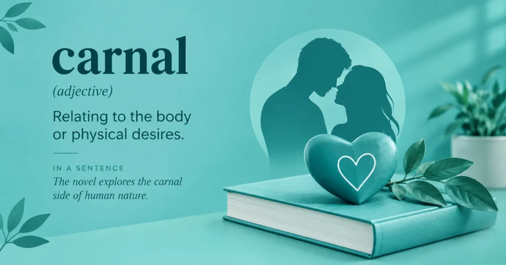 “Carnal meaning” infographic showing the definition “relating to the body or physical desires,” with elegant teal background, book, heart symbol, and subtle human silhouettes.
