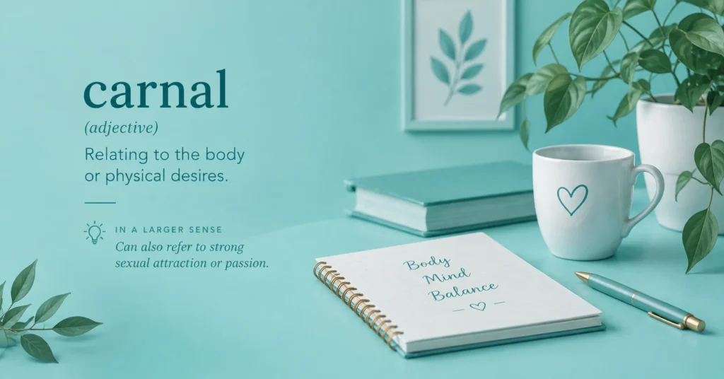 “Carnal meaning” educational graphic explaining “relating to the body or physical desires,” with a minimalist teal desk scene, notebook, heart-marked mug, books, and botanical elements.