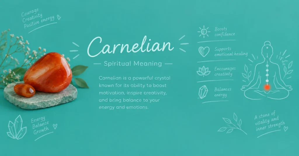 Carnelian spiritual meaning infographic featuring a polished orange-red carnelian stone, meditation figure, chakra energy, and text about courage, creativity, confidence, emotional healing, and positive energy.
