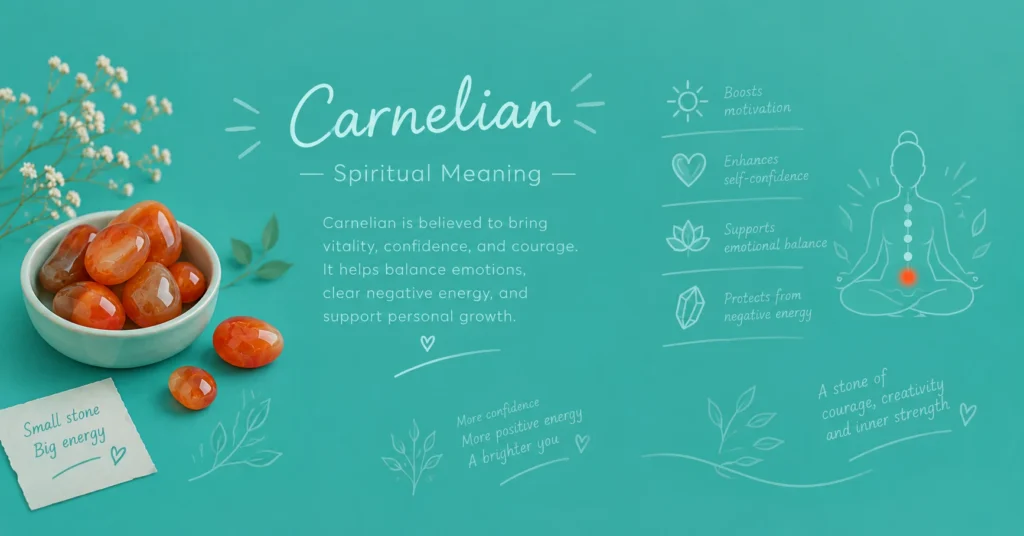 Carnelian spiritual meaning graphic showing orange carnelian stones, a meditating figure with glowing chakra energy, and text highlighting vitality, confidence, courage, emotional balance, and personal growth.