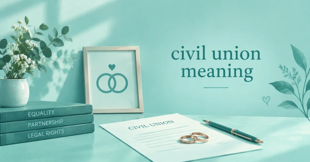 Civil union meaning illustrated with interlocking rings, a legal document, equality books, and a pen in a soft teal setting.