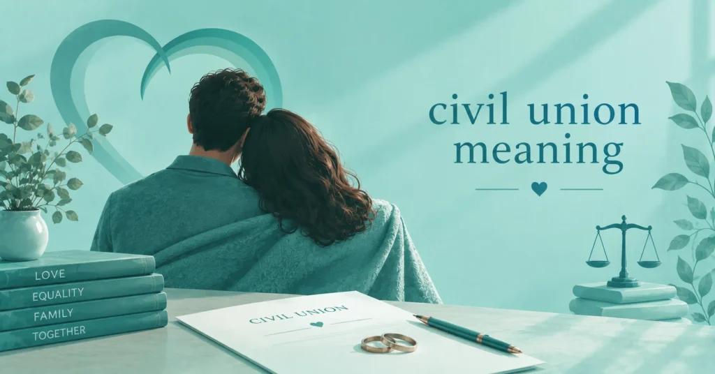 Civil union meaning illustrated by an embracing couple, wedding rings, a civil union document, and a justice scale in teal tones.