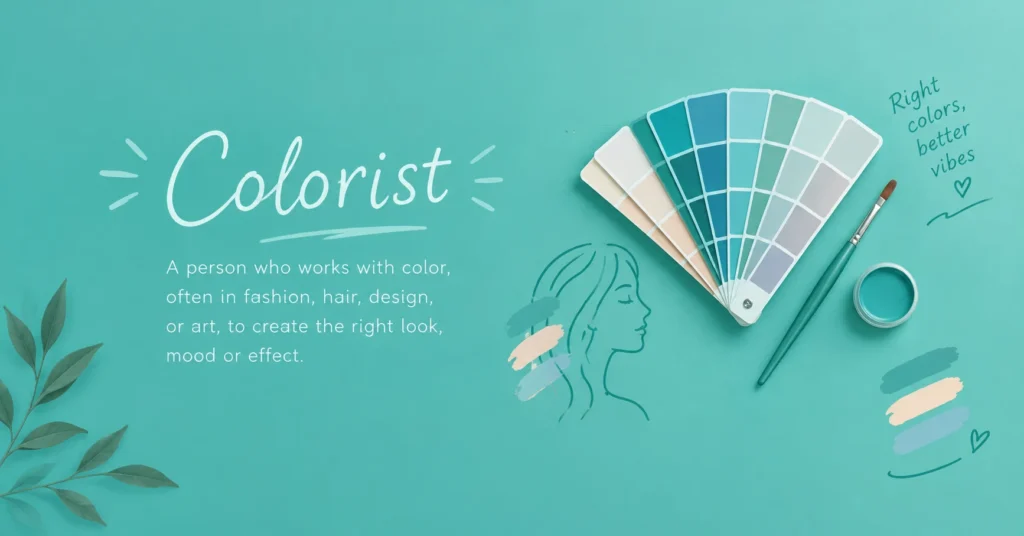 Colorist meaning infographic showing color palettes, a painted profile, and a definition of a person who works with color in fashion, hair, design, or art.