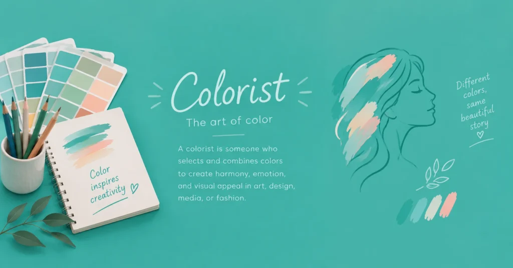 Colorist meaning graphic featuring color swatches, pencils, a creative sketchbook, and an illustrated profile with text explaining the art of selecting and combining colors.