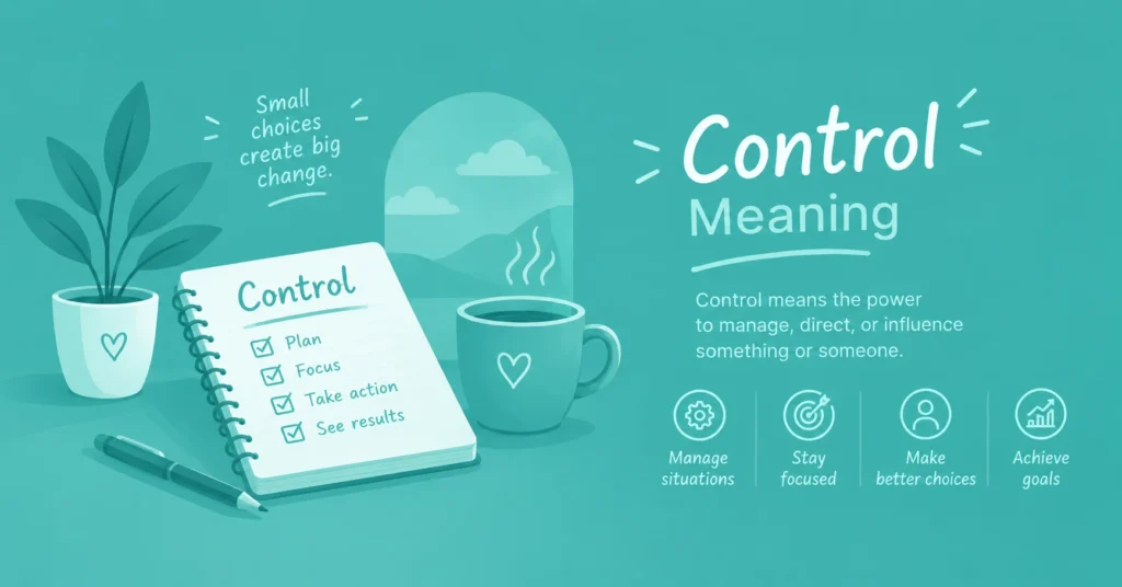 Control meaning infographic with a notebook, checklist, plant, and practical steps for staying focused and achieving goals.