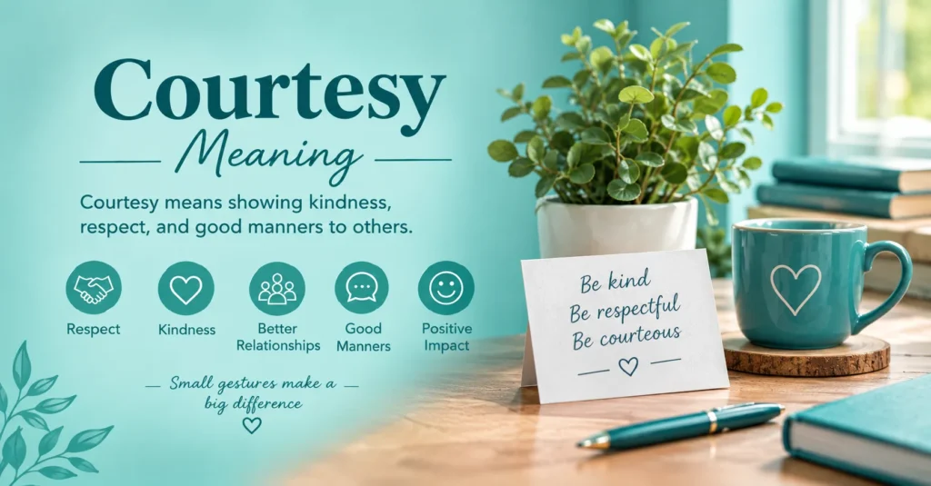 Courtesy meaning infographic showing kindness, respect, good manners, politeness, positive impact, and stronger relationships in a soft teal setting.