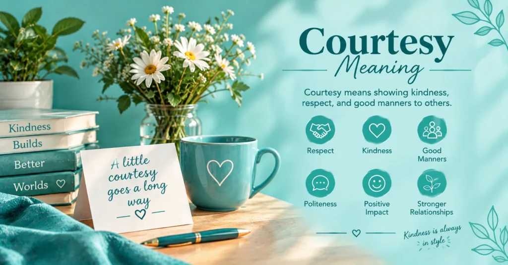 Courtesy meaning illustrated with flowers, books, a heart-shaped mug, handwritten kindness note, and icons representing respect, kindness, good manners, politeness, and positive relationships.