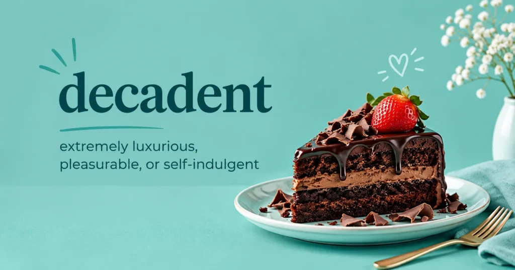 Decadent meaning infographic showing a rich chocolate cake with the definition “extremely luxurious, pleasurable, or self-indulgent” on a teal background.