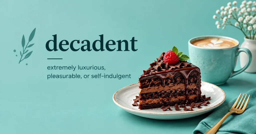 Decadent meaning graphic featuring chocolate cake and coffee with a simple definition describing something luxurious, pleasurable, or self-indulgent on a teal background.