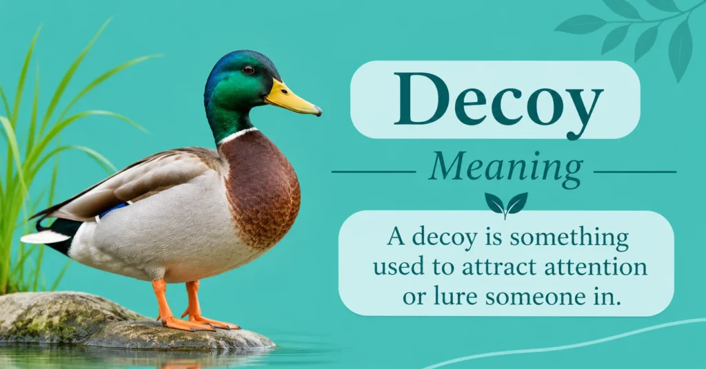 Decoy meaning with a mallard duck and a simple definition on a teal background.