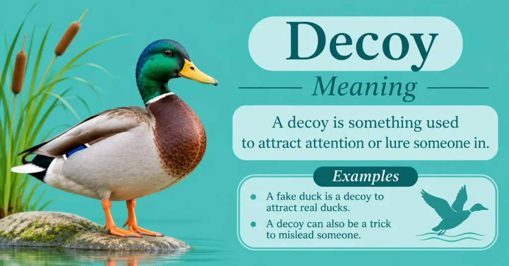 Decoy meaning infographic showing a duck, definition, and examples of how decoys attract animals or mislead people.