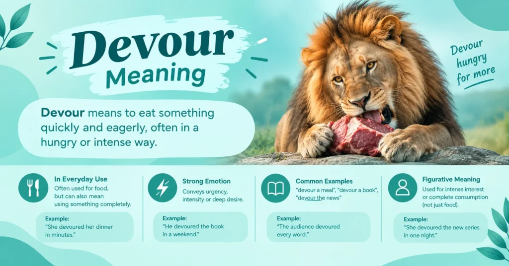 Devour meaning infographic explaining the word devour, its literal meaning, figurative use, emotional intensity, and common examples.
